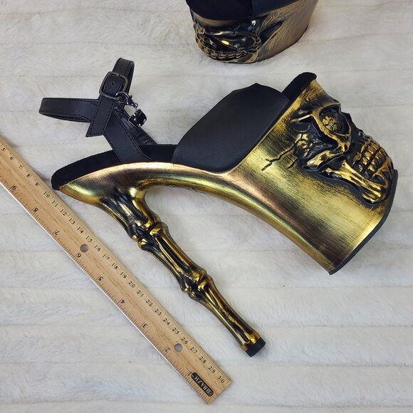Gold / Brass Skull & Bones Red LED Platform 8" Heels Pole Shoes Vortex - Picture 13 of 14